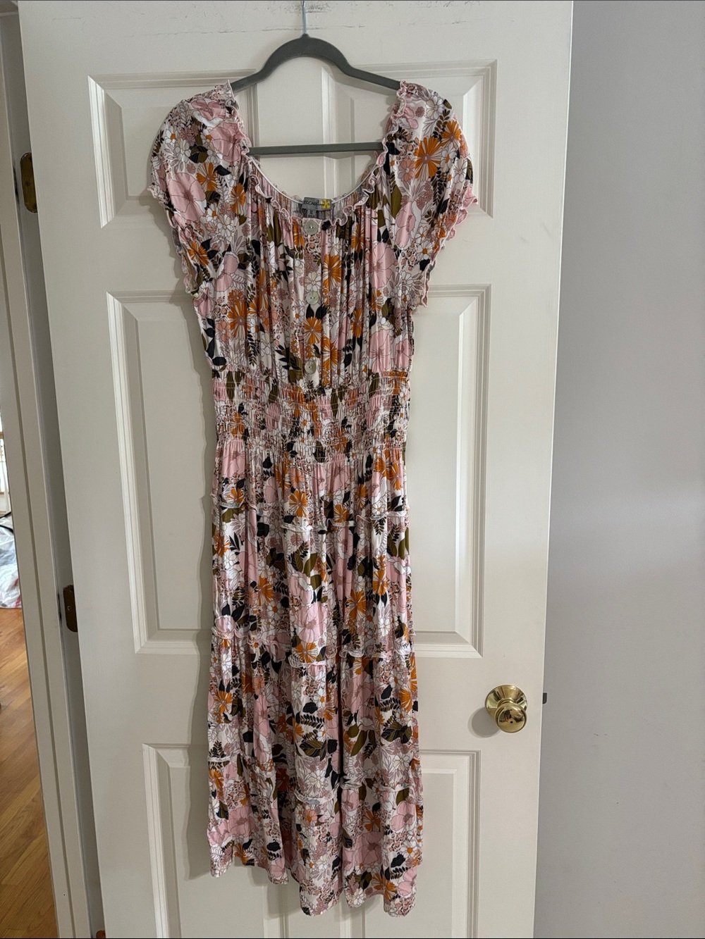 Smocked Waist Pink Floral Midi Dress with Ruffle Sleeves